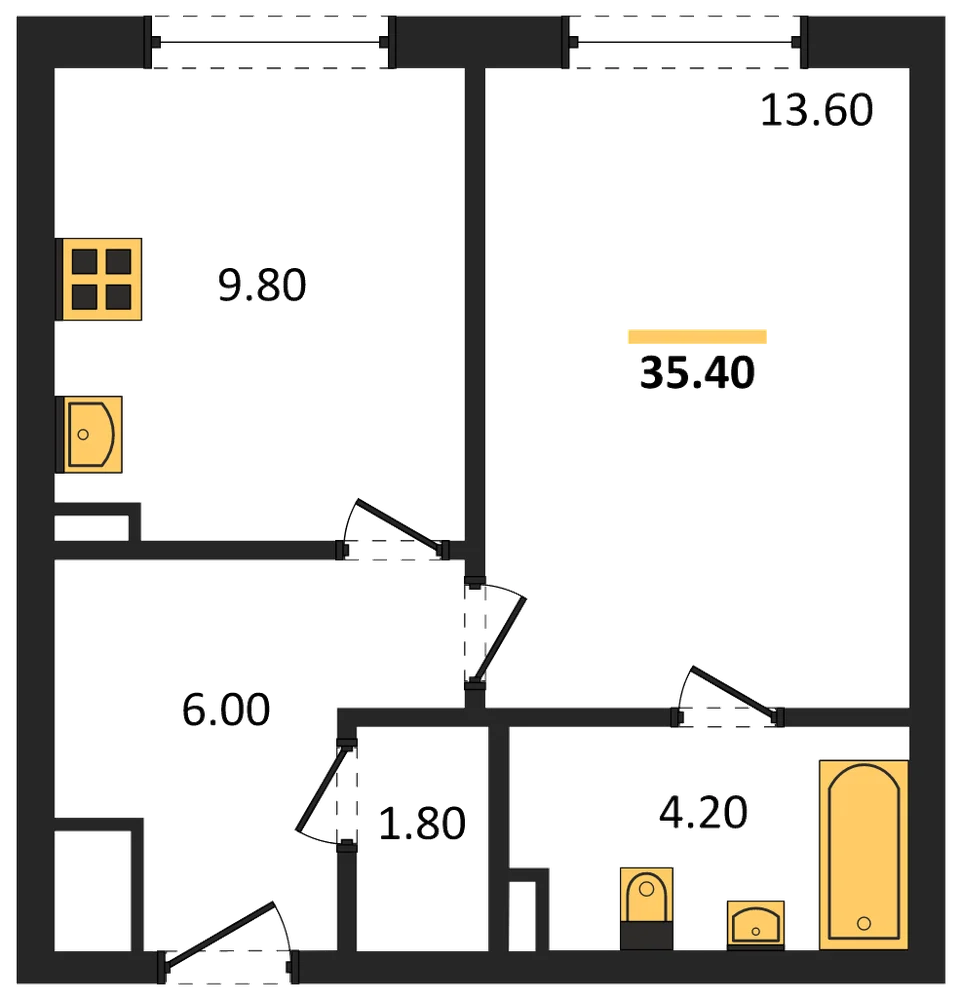 Планировка: 1-комн., 35,4 м²