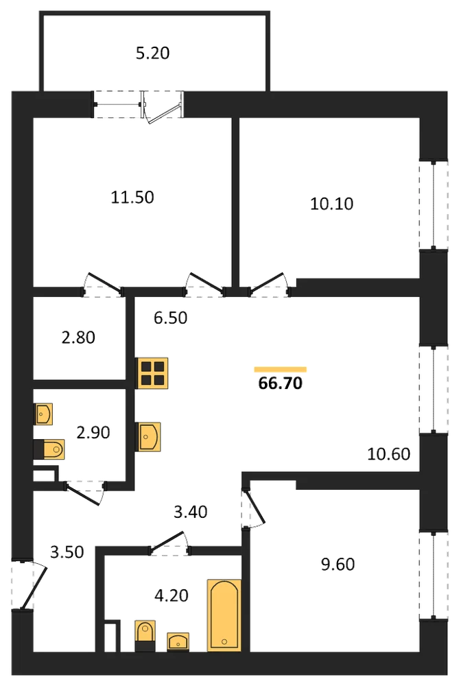 Планировка: 3-комн., 66,7 м²
