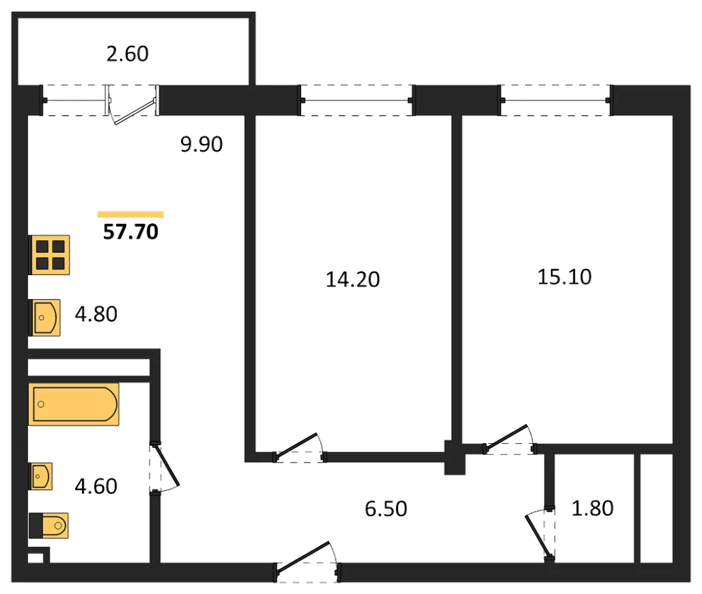Планировка: 2-комн., 57,7 м²