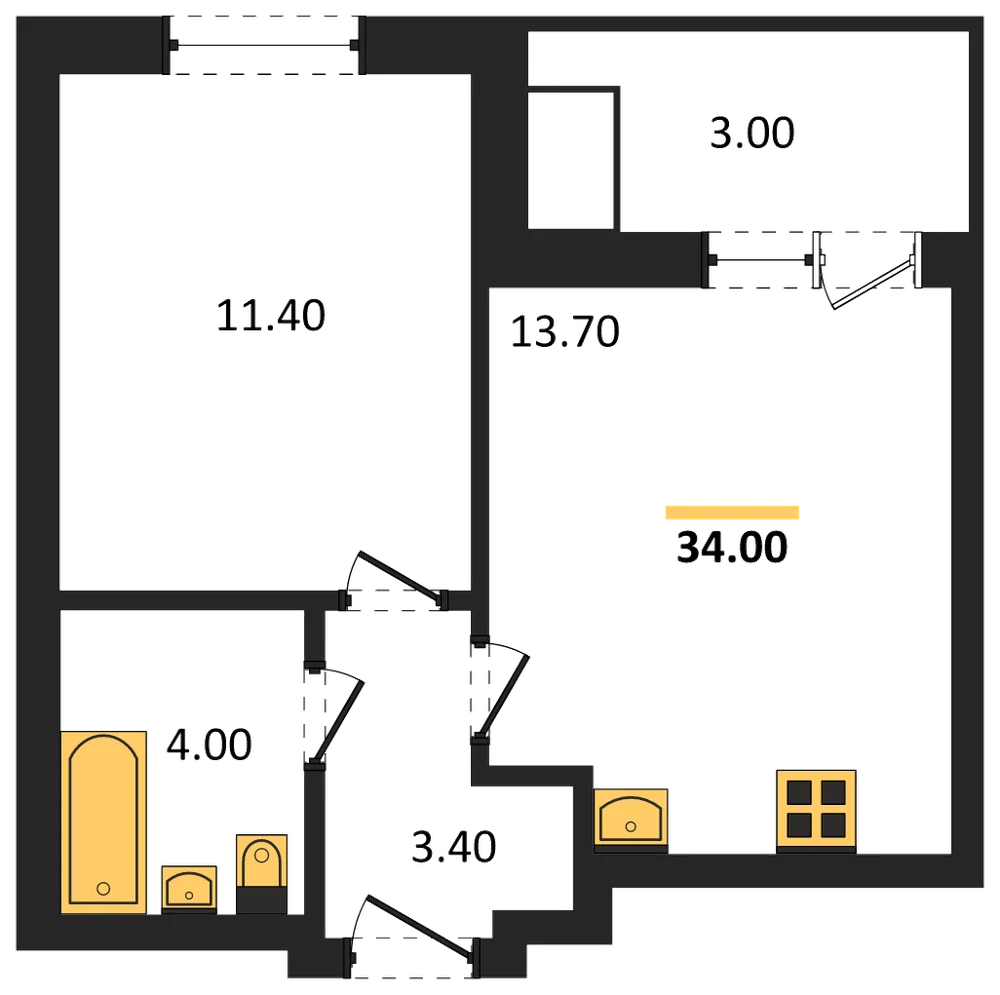 Планировка: 1-комн., 34 м²