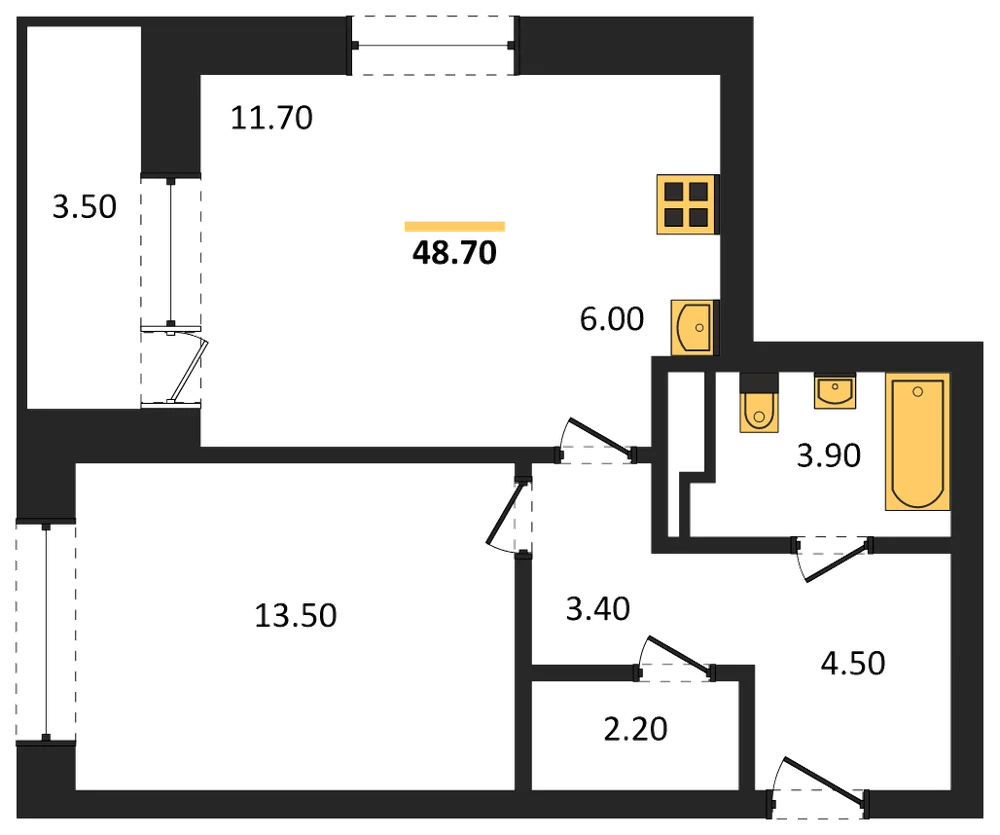 Планировка: 1-комн., 48,7 м²