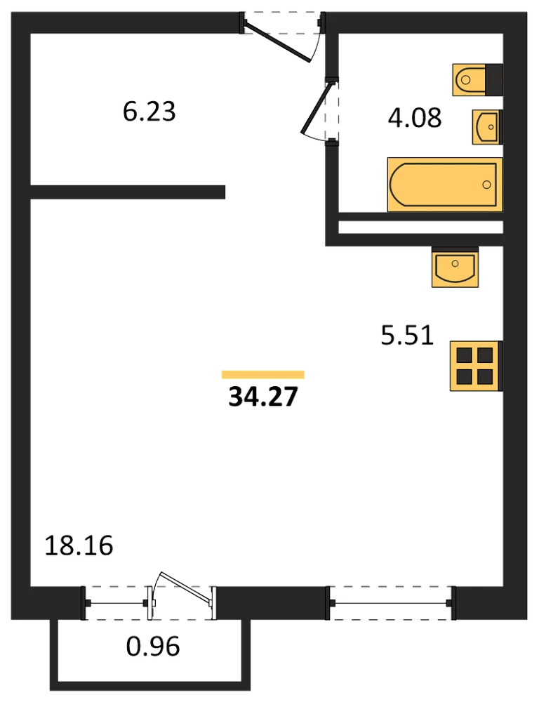 Планировка: Студия, 34,3 м²