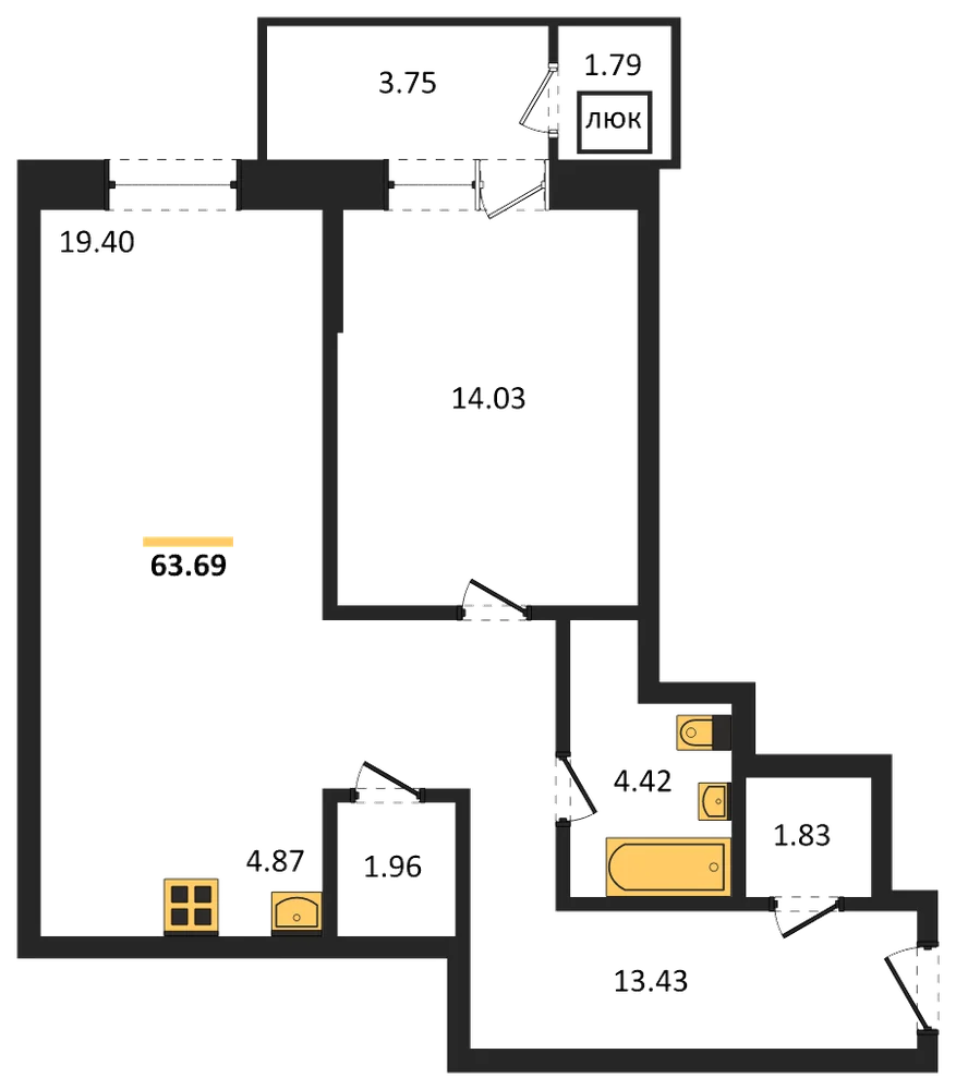 Планировка: 1-комн., 63,7 м²