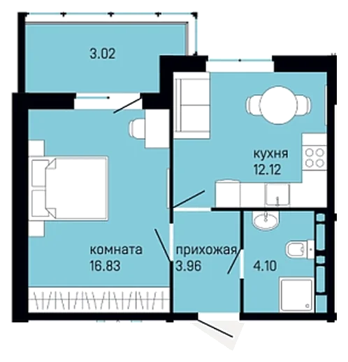 Планировка: 1-комн., 40 м²