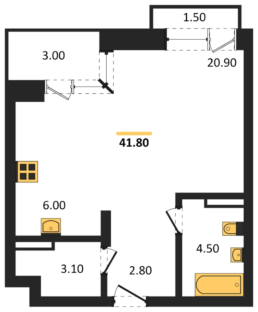 Планировка: Студия, 41,8 м²