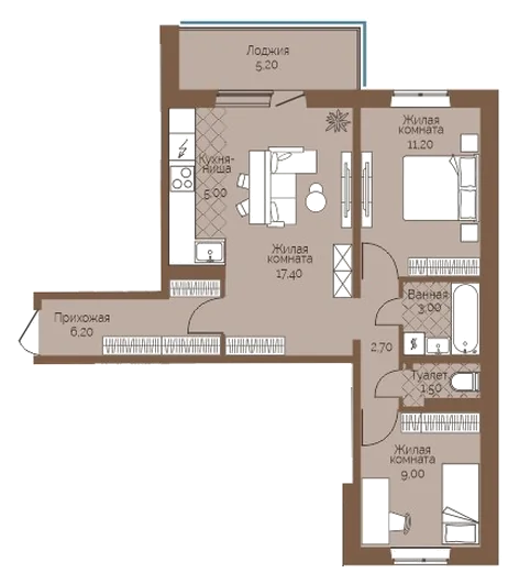 Планировка: 2-комн., 58,6 м²
