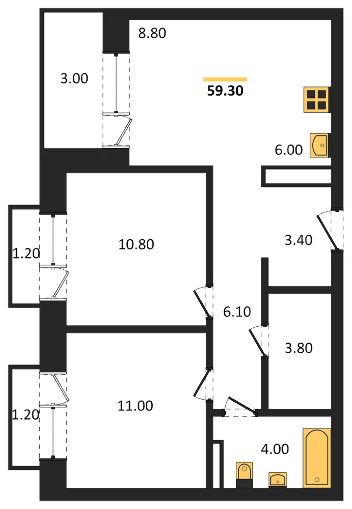 Планировка: 2-комн., 59,3 м²