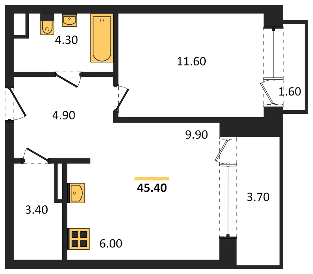 Планировка: 1-комн., 45,4 м²