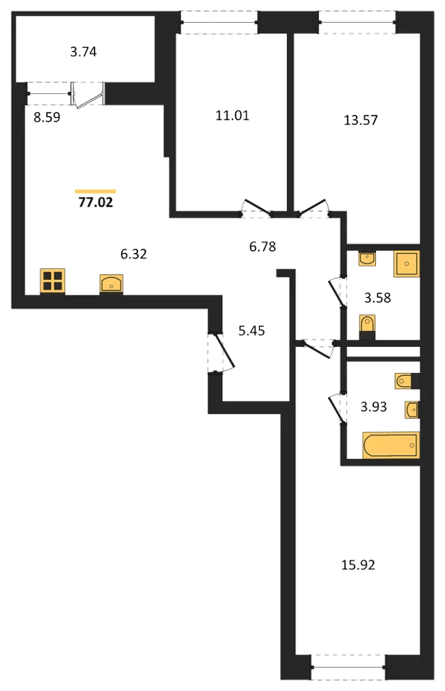 Планировка: 3-комн., 77 м²