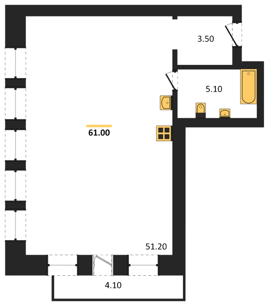Планировка: 1-комн., 61 м²