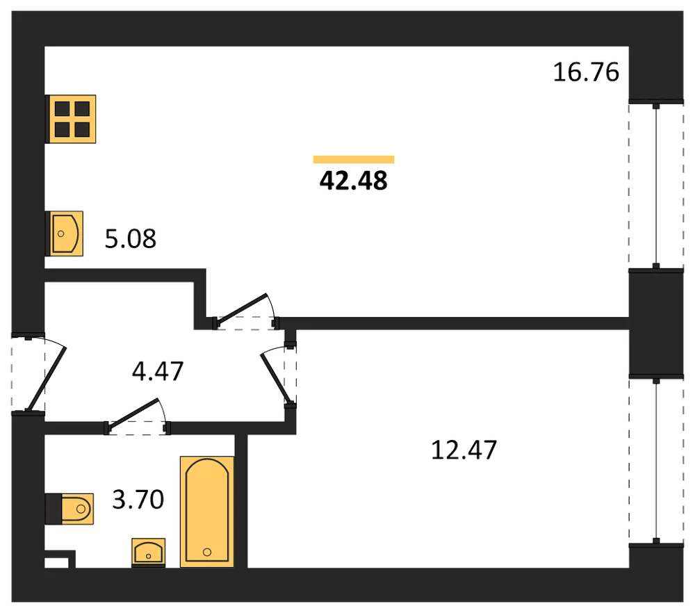 Планировка: 1-комн., 42,5 м²
