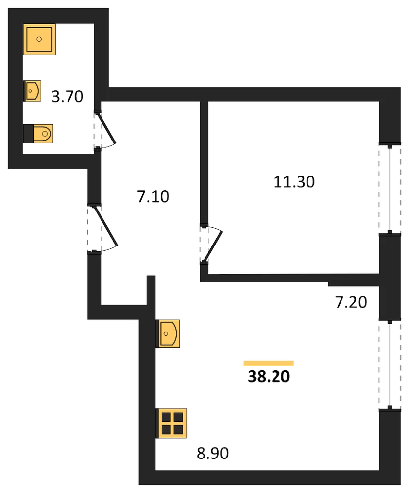 Планировка: 1-комн., 38,2 м²