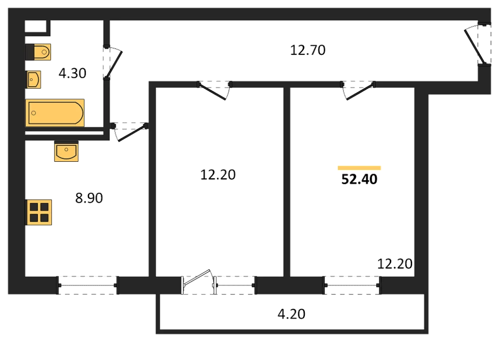 Планировка: 2-комн., 52,4 м²