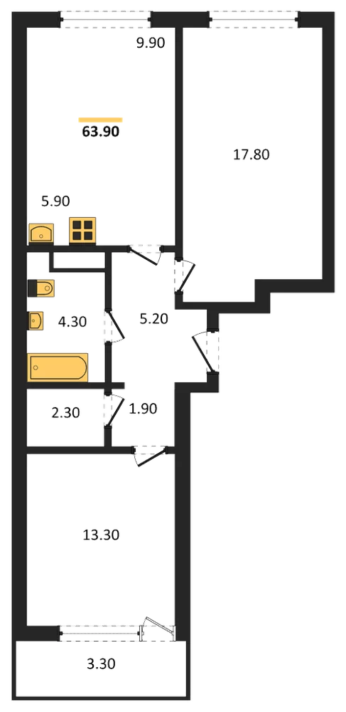 Планировка: 2-комн., 63,9 м²