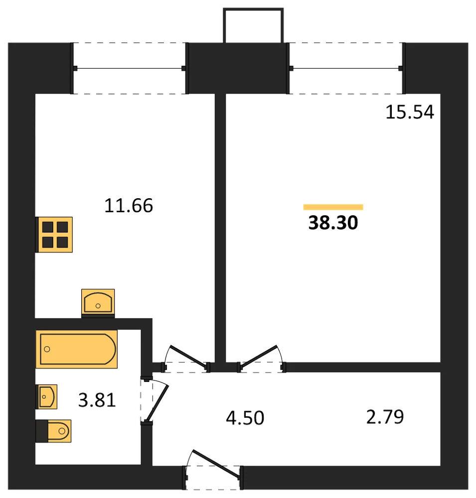 Планировка: 1-комн., 38,3 м²