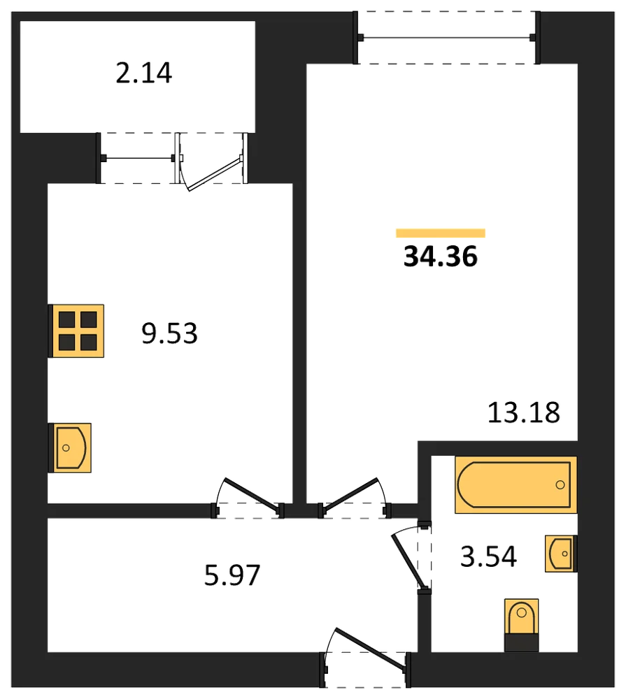 Планировка: 1-комн., 34,4 м²