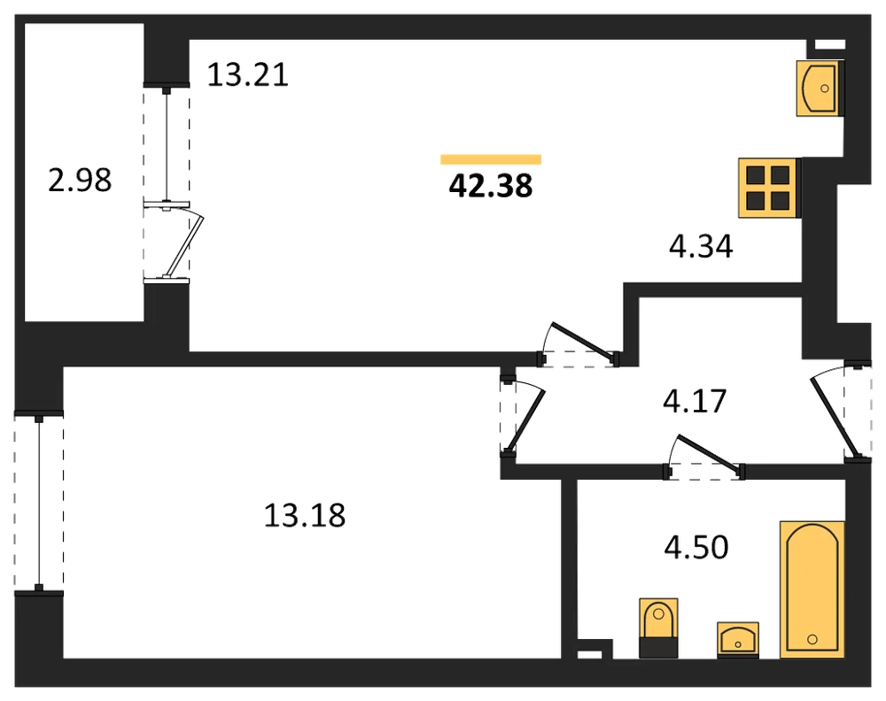 Планировка: 1-комн., 42,4 м²