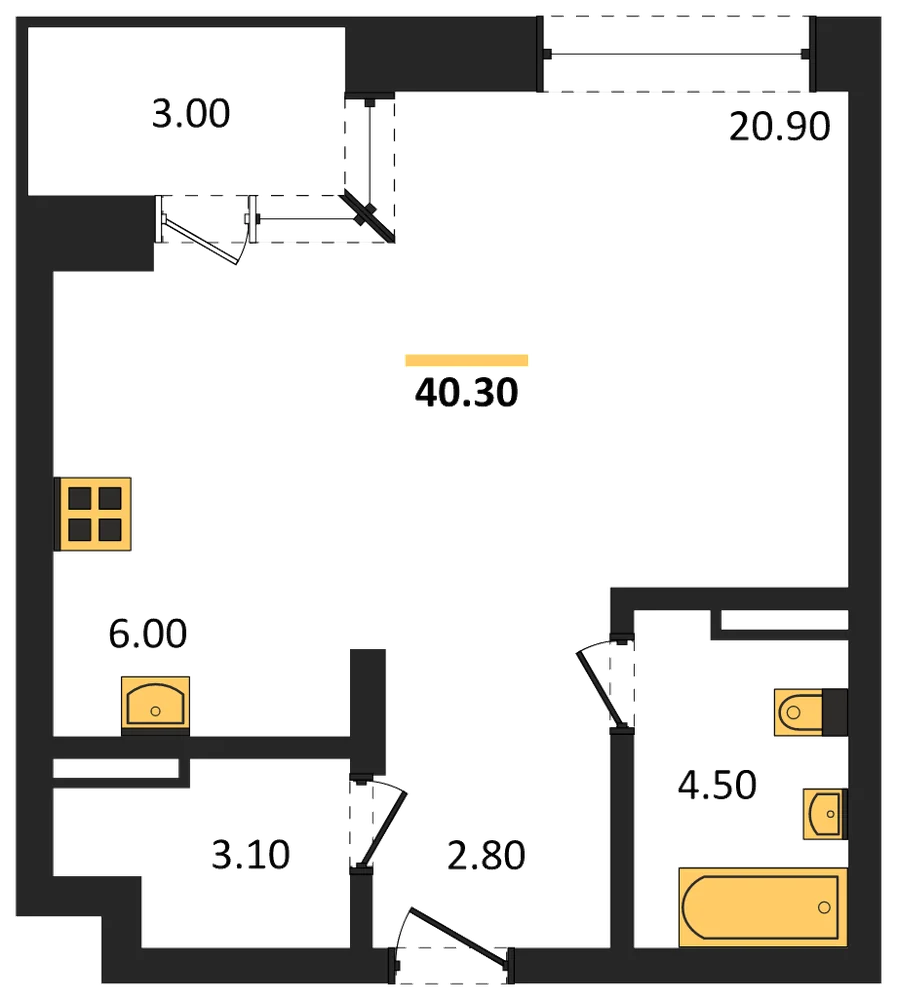 Планировка: Студия, 40,3 м²