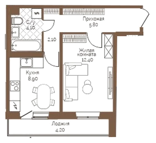 Планировка: 1-комн., 35,4 м²