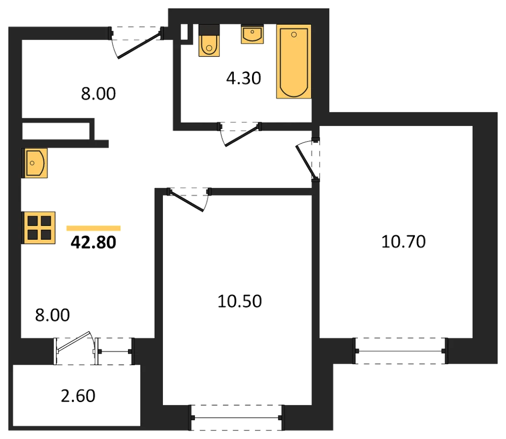 Планировка: 2-комн., 42,8 м²
