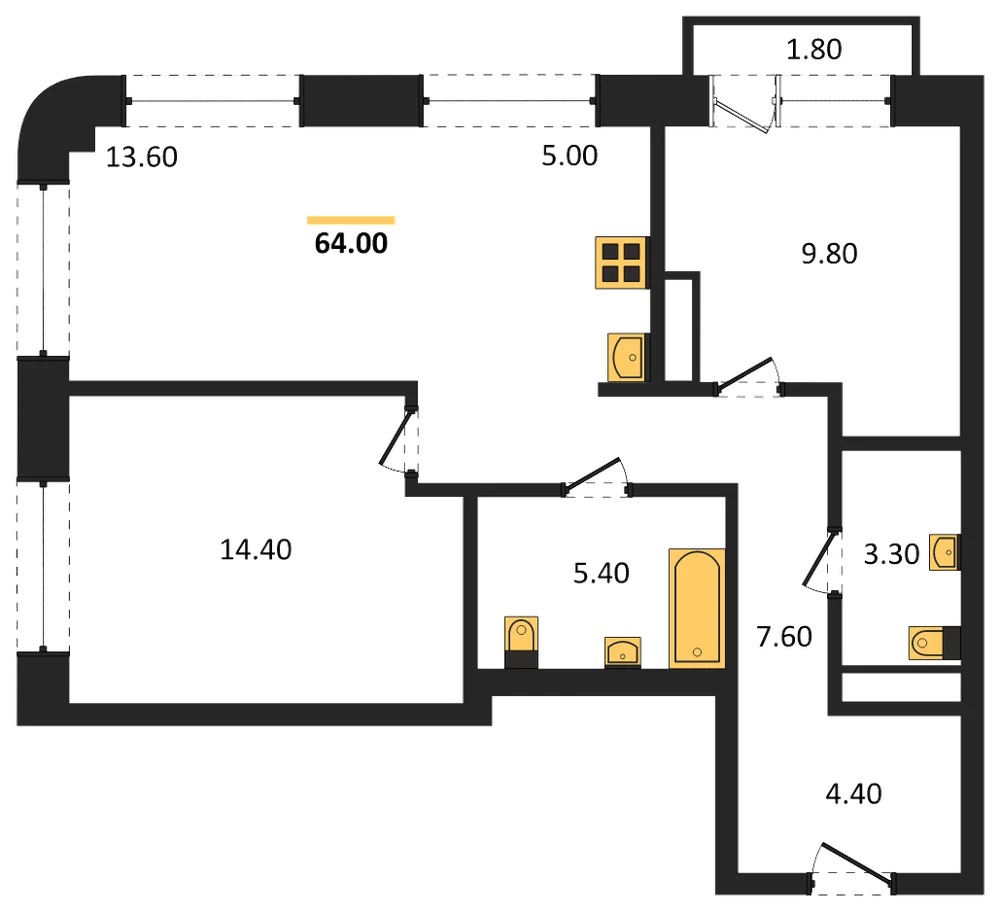 Планировка: 3-комн., 64 м²