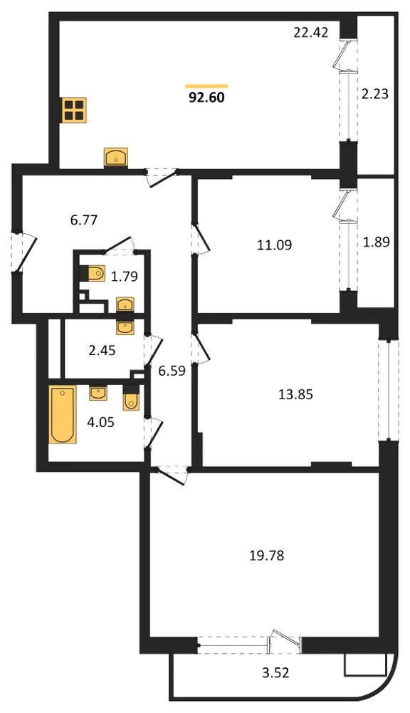 Планировка: 3-комн., 92,6 м²