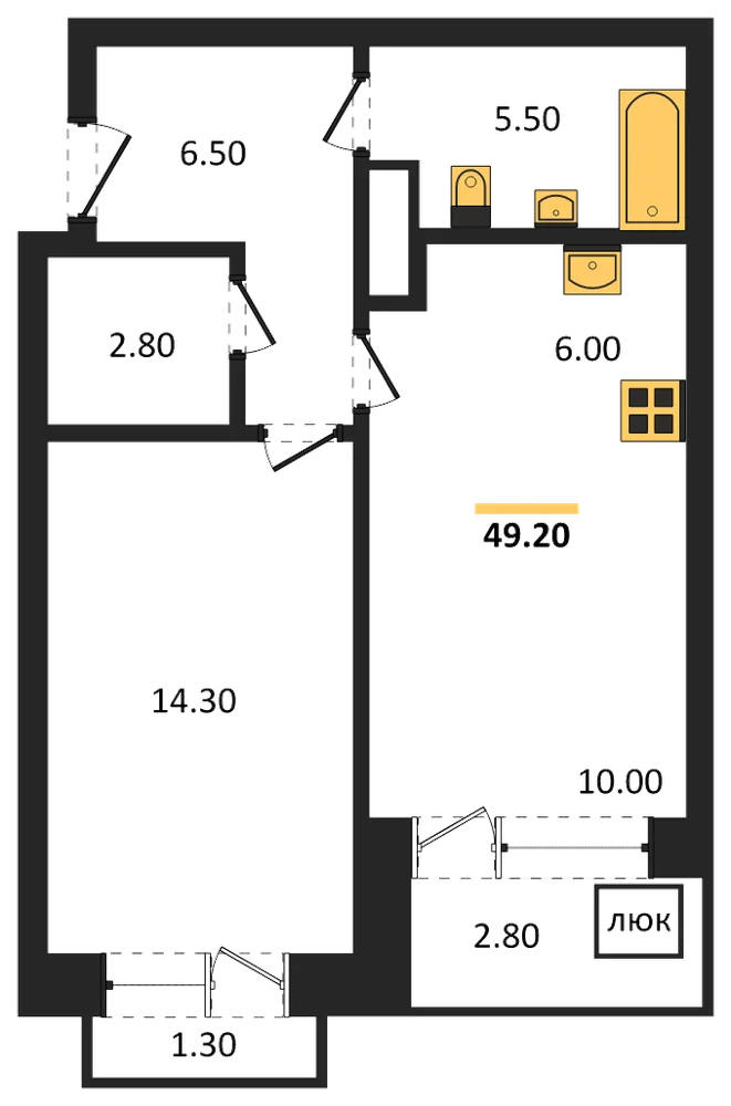Планировка: 1-комн., 49,2 м²