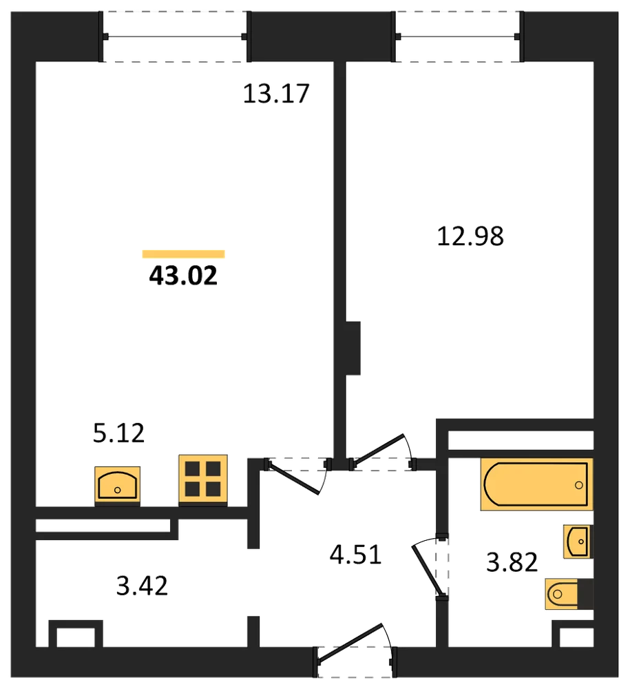 Планировка: 1-комн., 43 м²