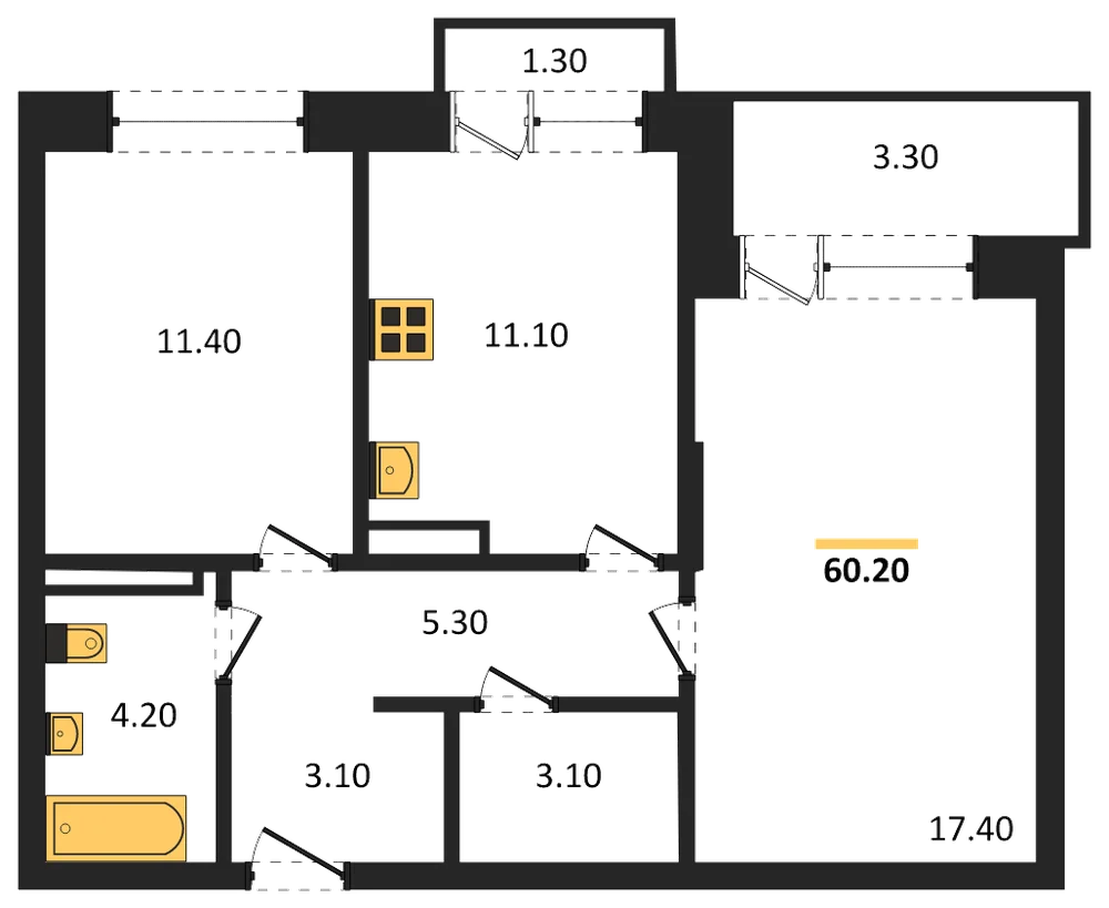 Планировка: 2-комн., 60,2 м²