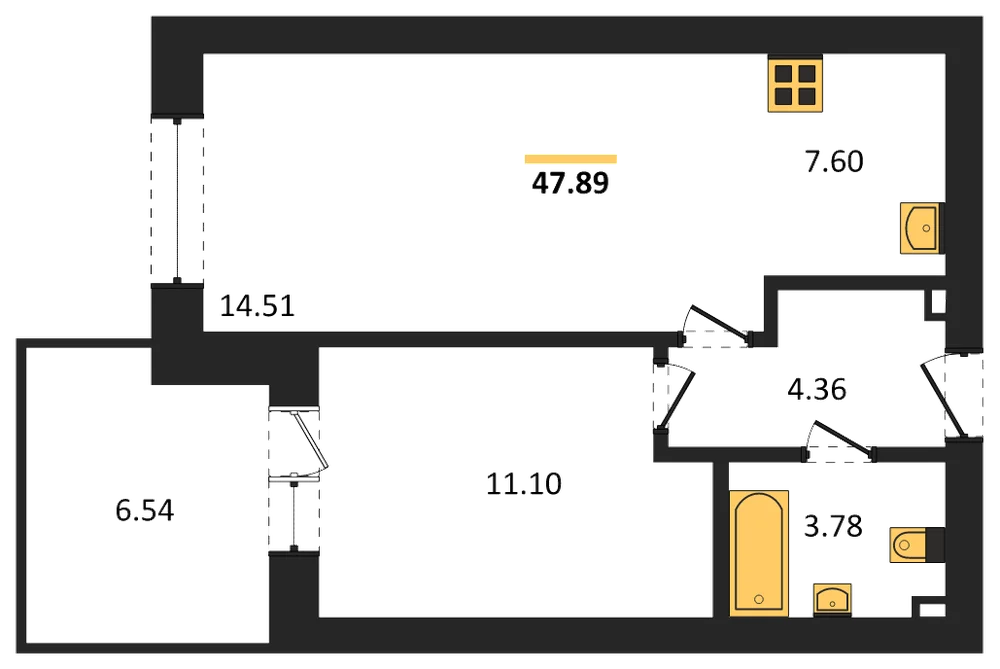 Планировка: 1-комн., 47,9 м²
