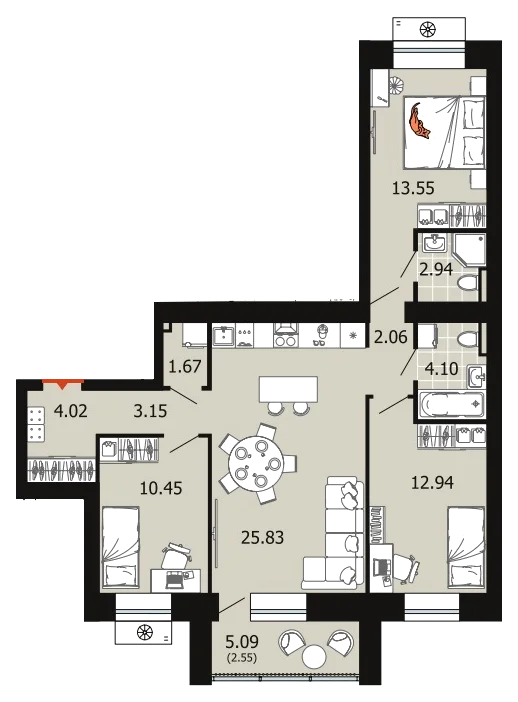 Планировка: 3-комн., 83,3 м²