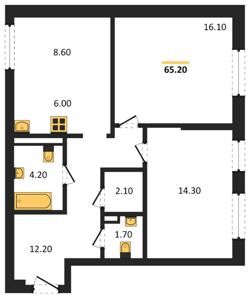 Планировка: 2-комн., 65,2 м²