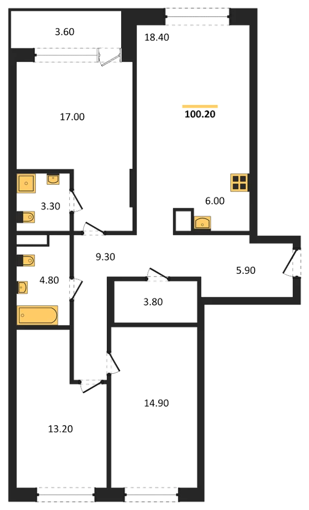 Планировка: 3-комн., 100,2 м²