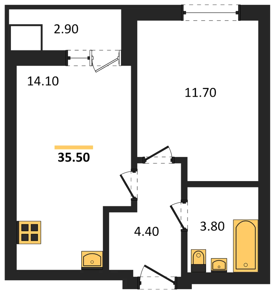Планировка: 1-комн., 35,5 м²
