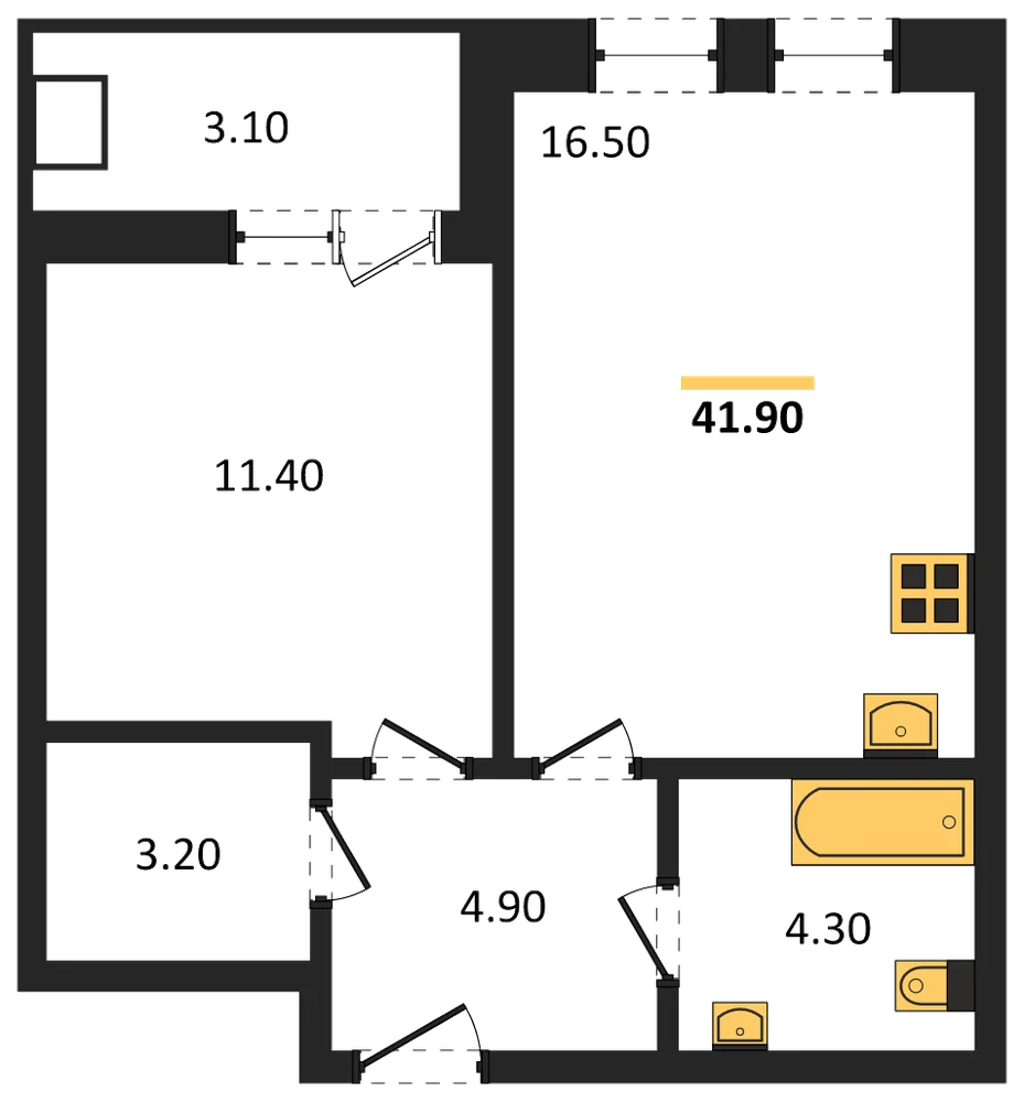 Планировка: 1-комн., 41,9 м²