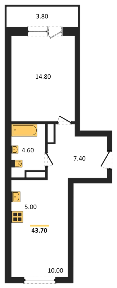 Планировка: 1-комн., 43,7 м²