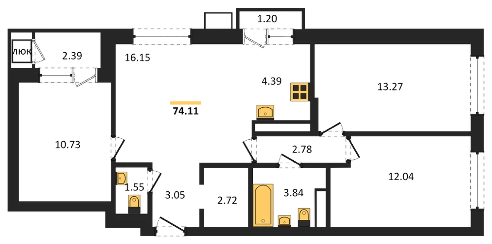 Планировка: 3-комн., 74,1 м²