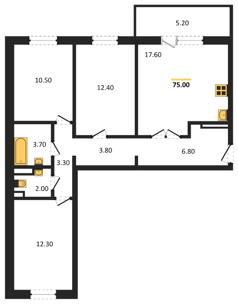Планировка: 3-комн., 75 м²