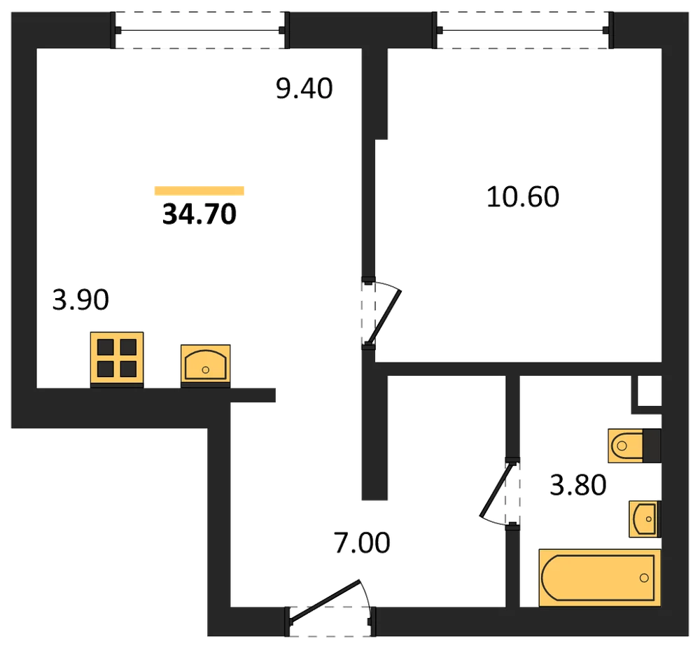 Планировка: 1-комн., 34,7 м²