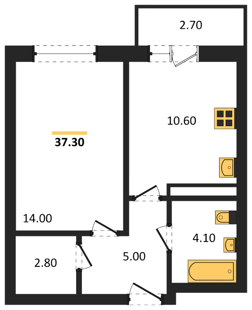 Планировка: 1-комн., 37,3 м²