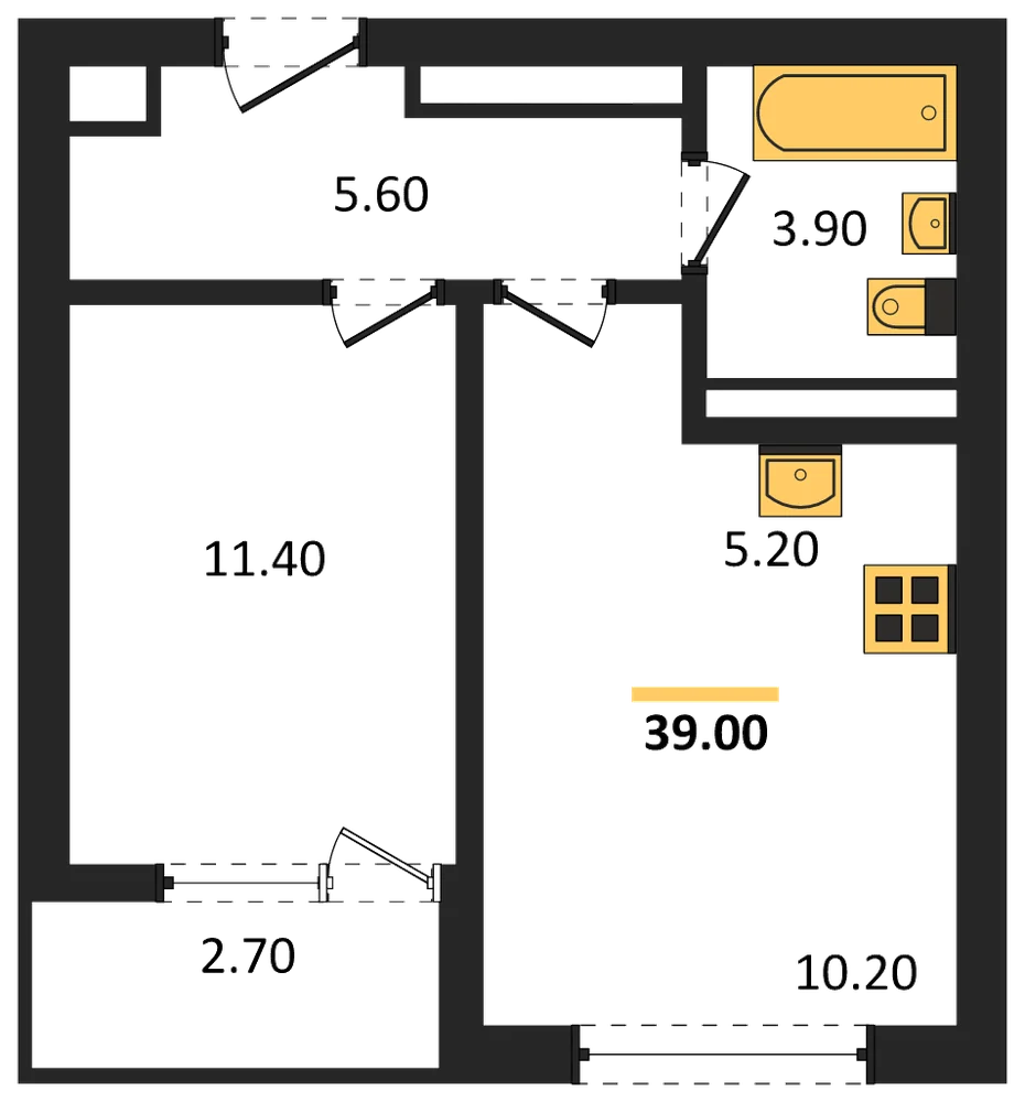 Планировка: 1-комн., 39 м²