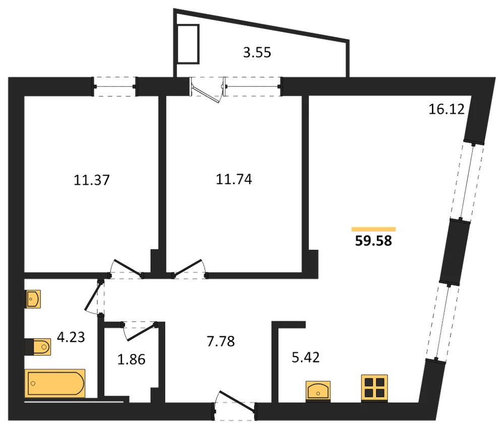 Планировка: 2-комн., 59,6 м²