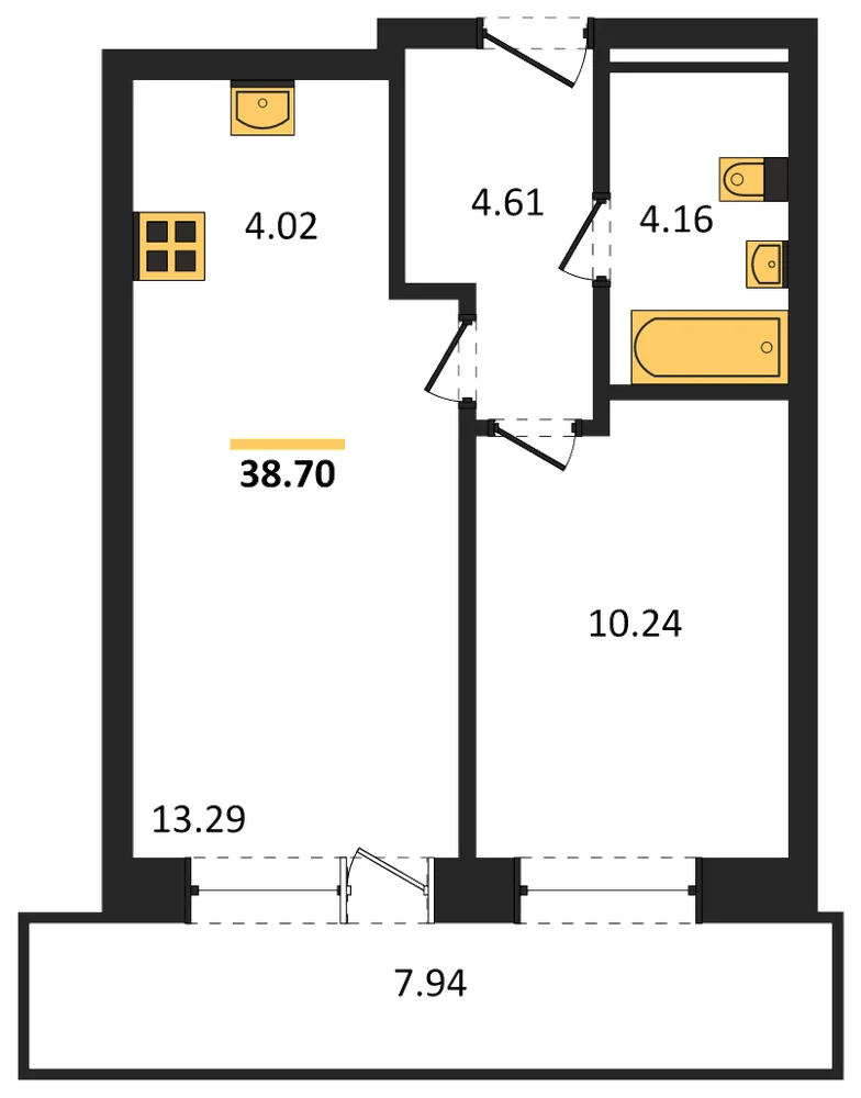 Планировка: 1-комн., 38,7 м²