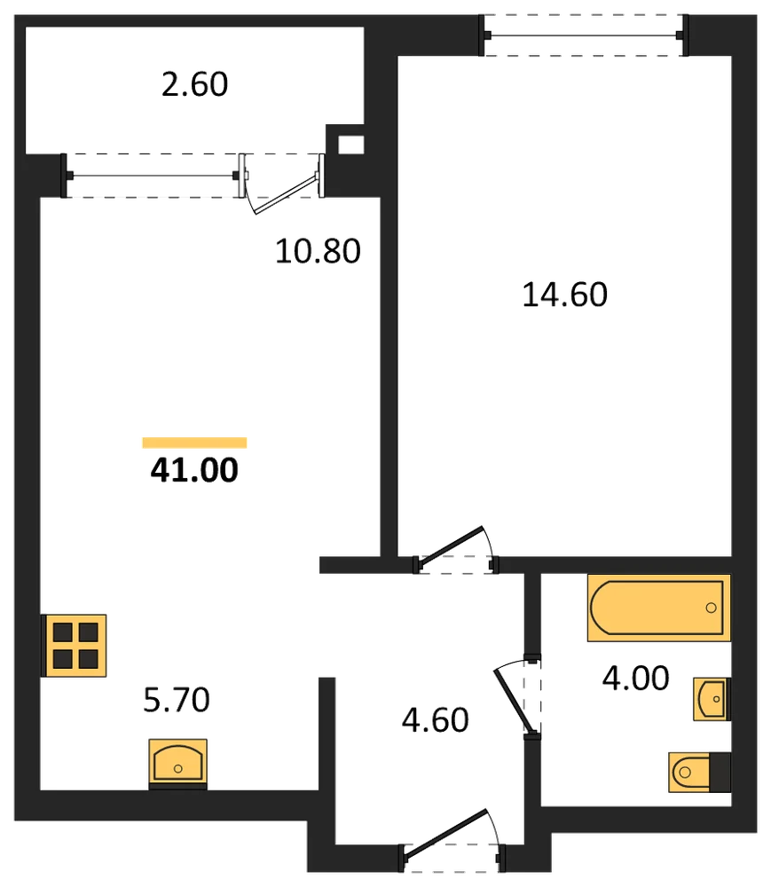 Планировка: 1-комн., 41 м²