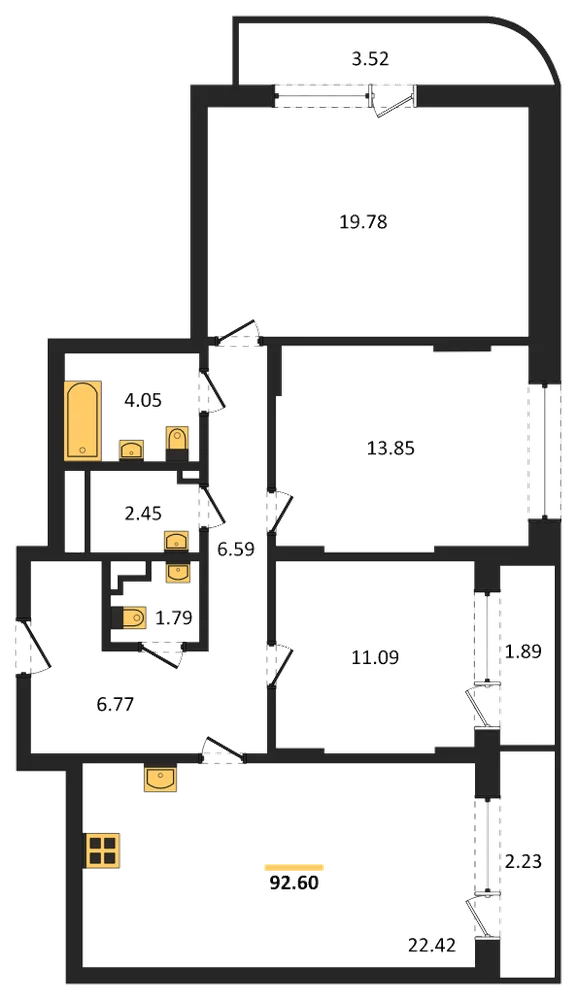 Планировка: 3-комн., 92,6 м²