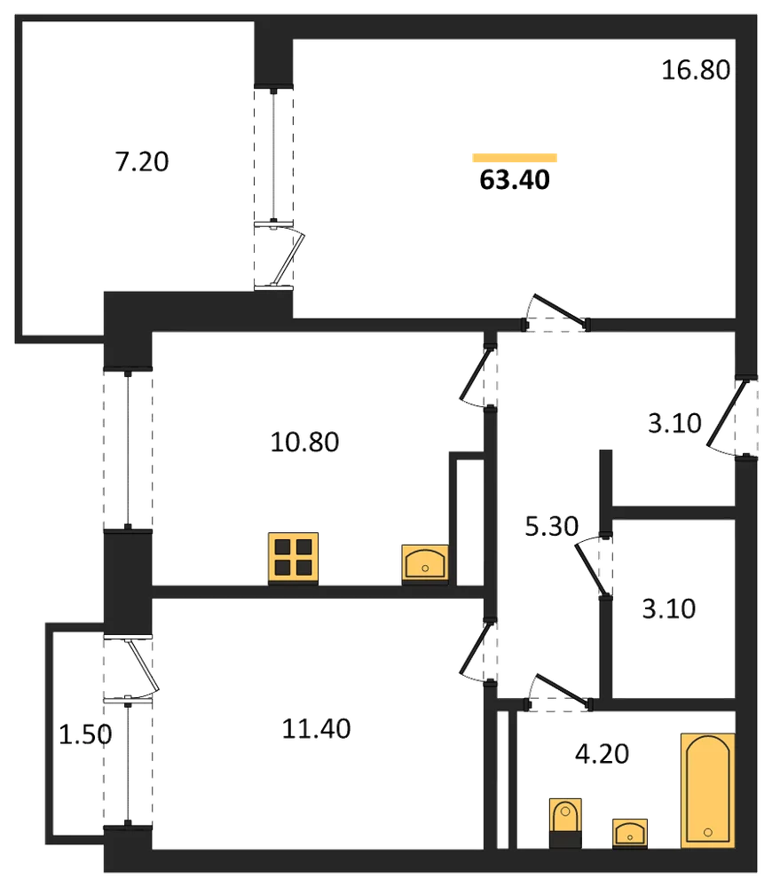 Планировка: 2-комн., 63,4 м²