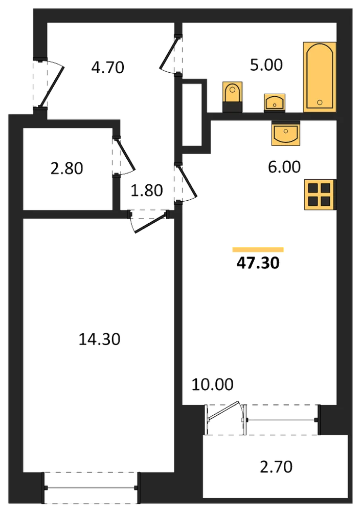 Планировка: 1-комн., 47,3 м²