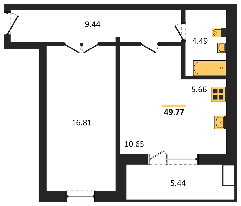 Планировка: 1-комн., 46,3 м²