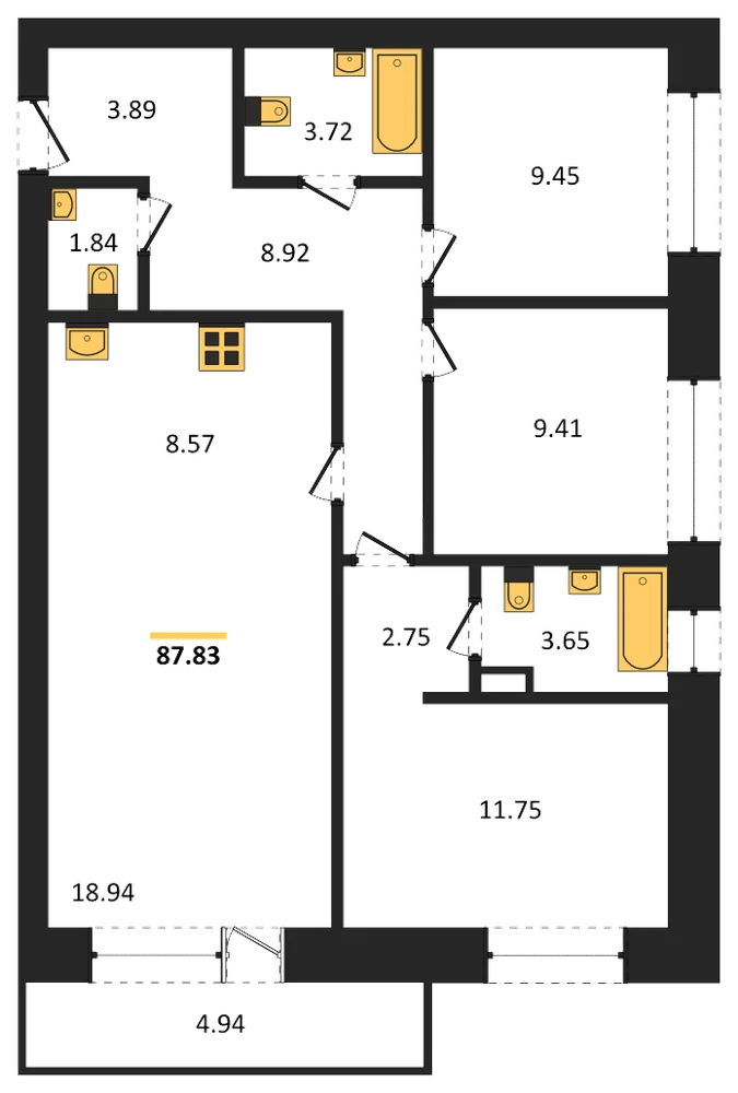 Планировка: 3-комн., 87,8 м²