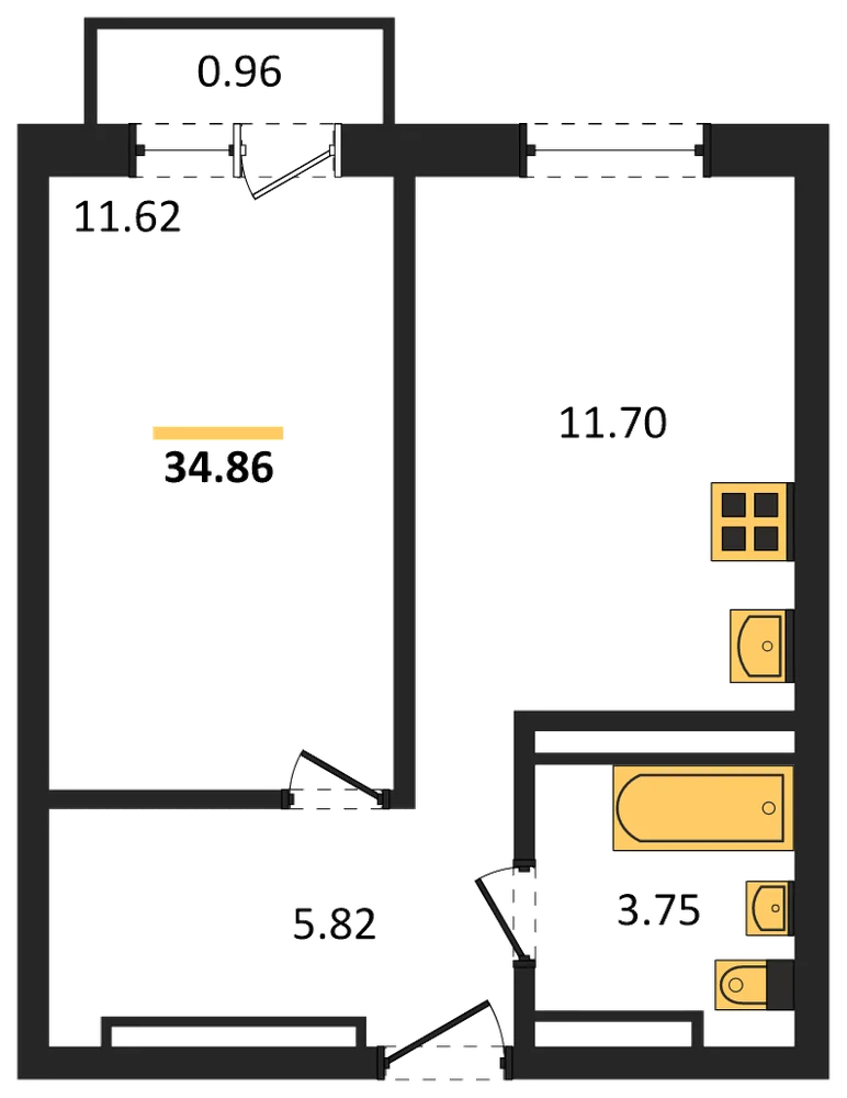 Планировка: 1-комн., 33,2 м²